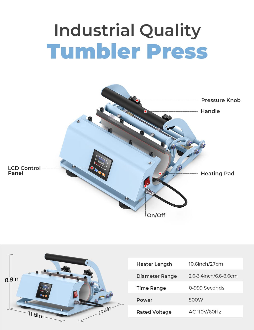 Pro 30 OZ Tumbler Heat Press Machine, EnjoyColor Mug Press for 11 OZ 15 OZ 16 OZ 20 OZ 30 OZ Straight Skinny Sublimation Tumblers, Cup Heat Press DIY Sublimation 30OZ Tumbler Press (Blue)