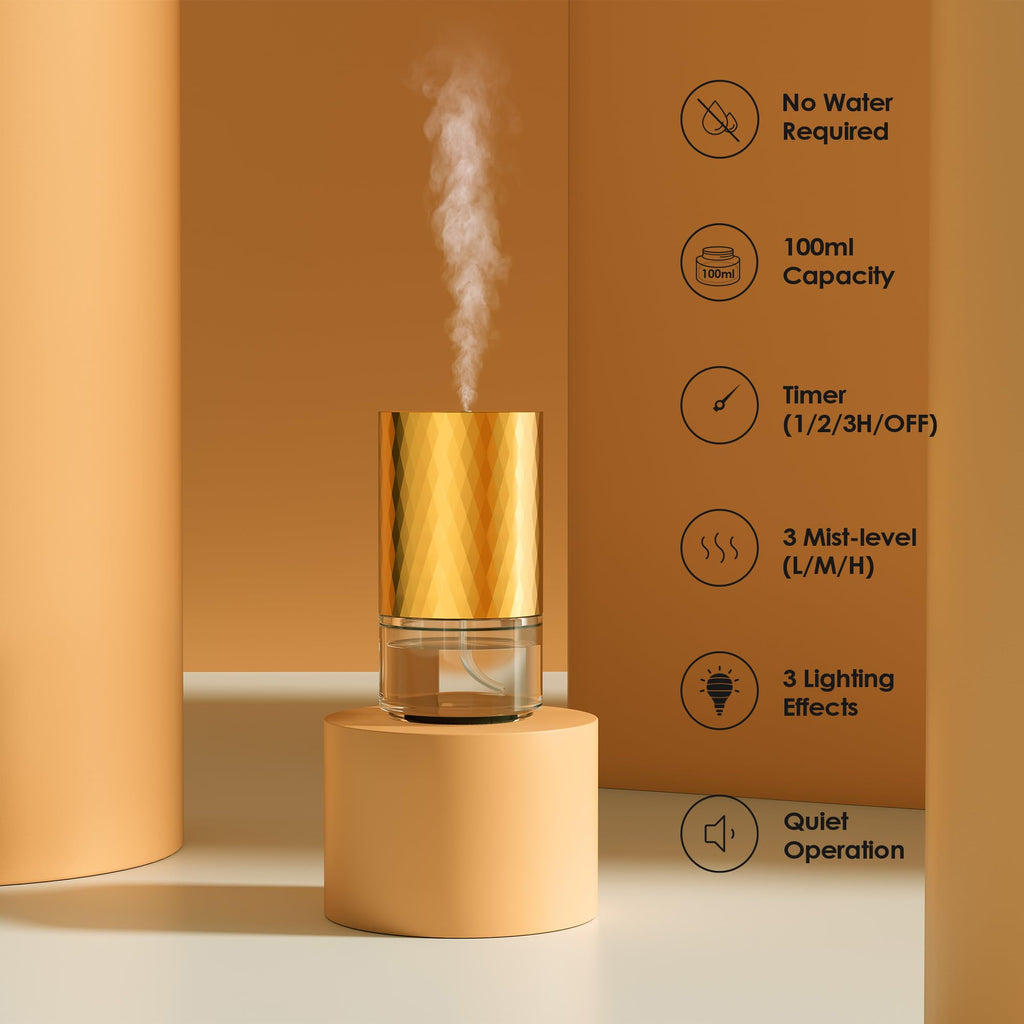 Airversa Waterless Diffuser for Essential Oil 100ml Capacity Battery Operated Aromatherapy Nebulizer Mini Scent Air Machine 1/2/3H/Continous 3 Mist Level 3 Lighting Effects(Scenta Shine Gold)