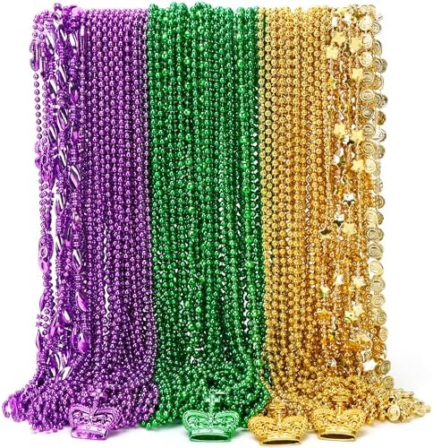 100PCS Mardi Gras Accessories, 11 Kinds Mardi Gras Beads Coins Mask Shape Necklace, Metallic Green Purple Gold Beads Parade Throw Costumes, Festival Carnivals Celebration Events Party Throws Supplies