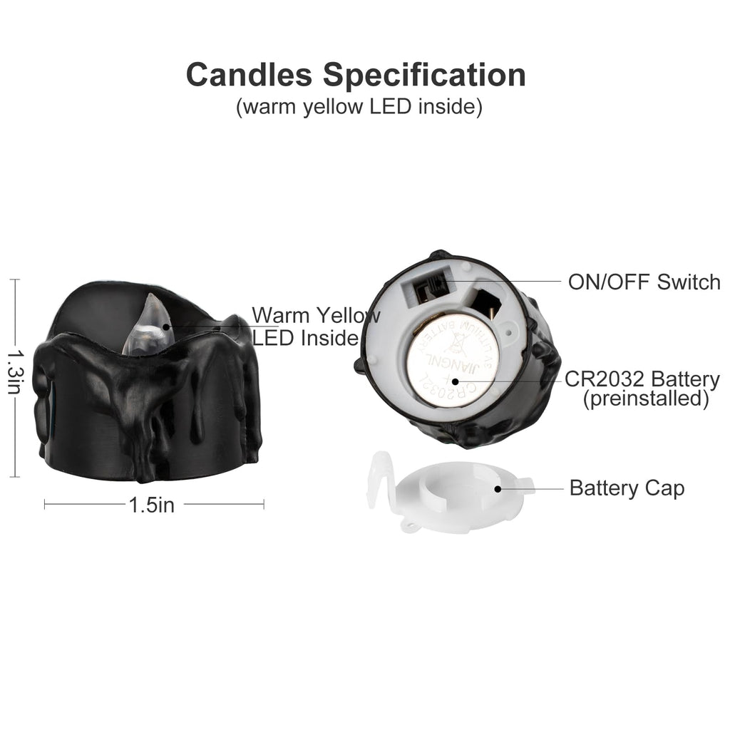 Windshell Black Tealight Candles with 6H Timer (No Remote), Melting Design (Plastic), Battery Operated LED Flameless Tea Lights for Party, Wedding, Halloween and Christmas, Pack of 12