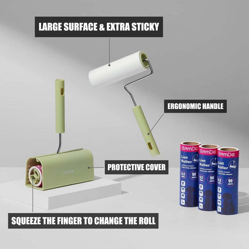 BomDa Extra Sticky Large Surface Lint Roller, 6.3'' Giant Lint Roller for Pet Hair, 360 Sheets/ 4 Refills, Long Handle Lint Remover for Clothes, Furniture (1 Roller + 360 Sheets)