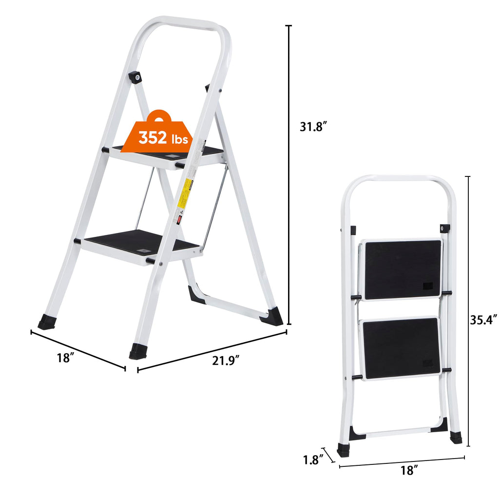 JungleA 2 Step Ladder Folding Step Stool,Small Foldable Home Step Stool for Kids Adults,Wide Anti-Slip Pedal,350 lbs Load Capacity,Lightweight Portable White Step Stool Ladder for Bed,Closet,Kitchen