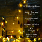Metaku Globe String Lights Fairy Lights Battery Operated 16.4ft 50LED String Lights with Remote Waterproof Indoor Outdoor Hanging Lights Decorative Christmas Lights for Home Party Patio Garden Wedding