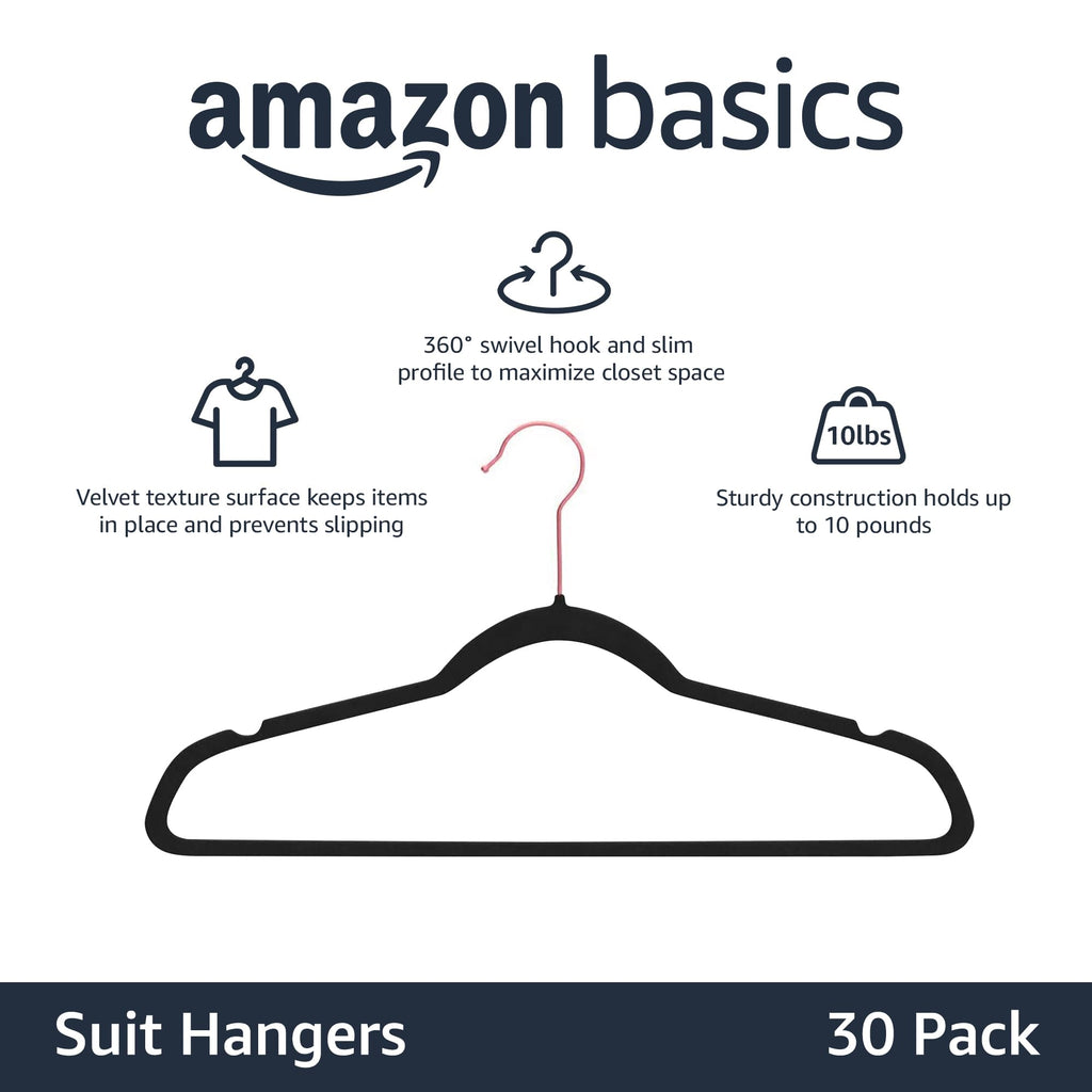 Amazon Basics Slim, Velvet, Non-Slip Sturdy Suit Clothes Hangers, Pack of 30, Black/Rose Gold