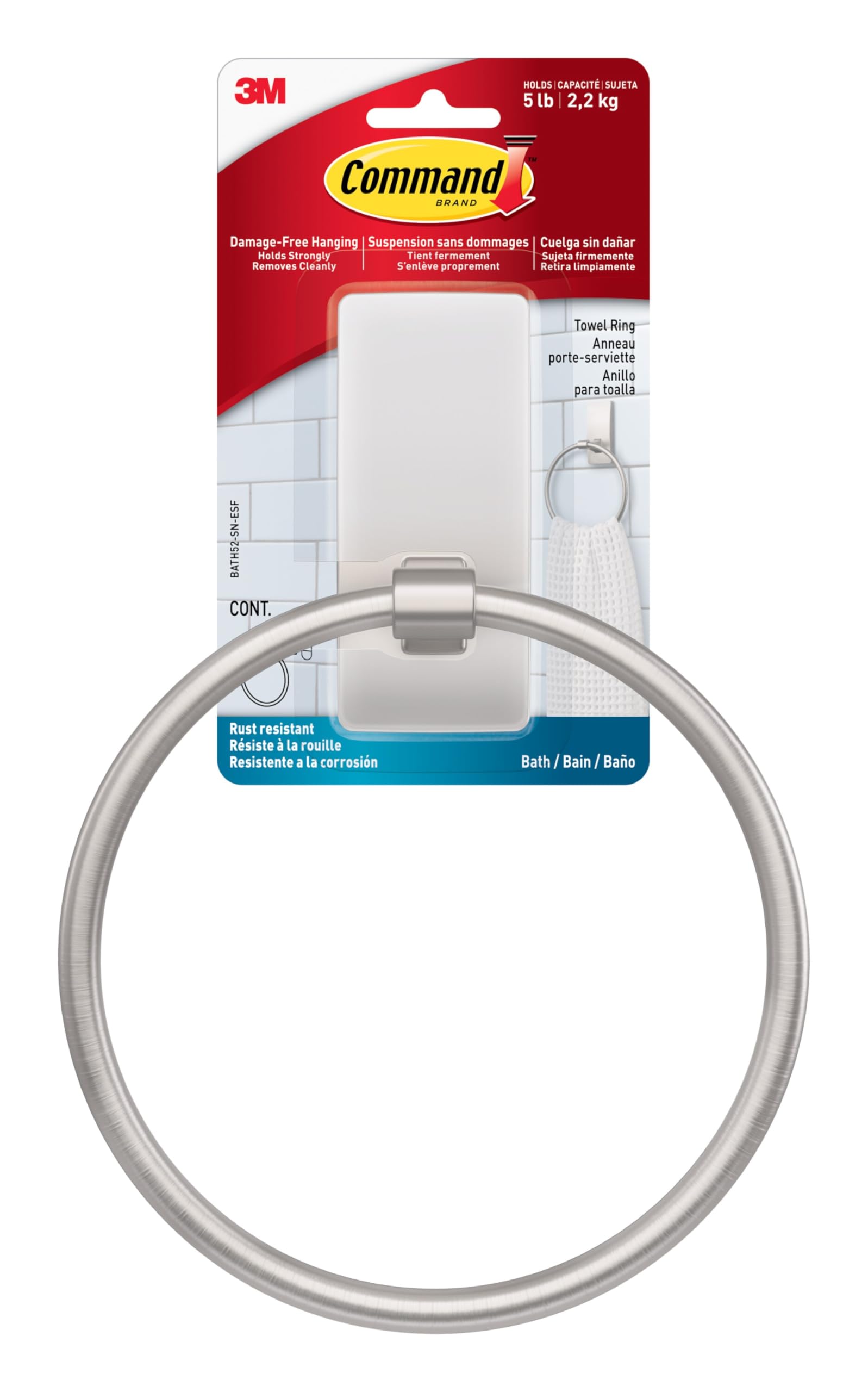 Command Hand Towel Holder Satin Nickel with Water Resistant Command Strips, Rust Resistant Bathroom Organizer, Holds up to 5 lbs