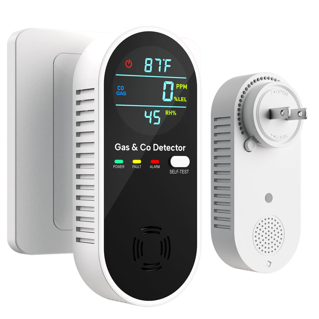 4-in-1 Upgraded Combination Natural Gas Leak Detector and Carbon Monoxide Detectors, Dual Sensor Gas Leak Detector & Carbon Monoxide Detectors Plug in (Temperature & Humidity Sensor) for Home, RV