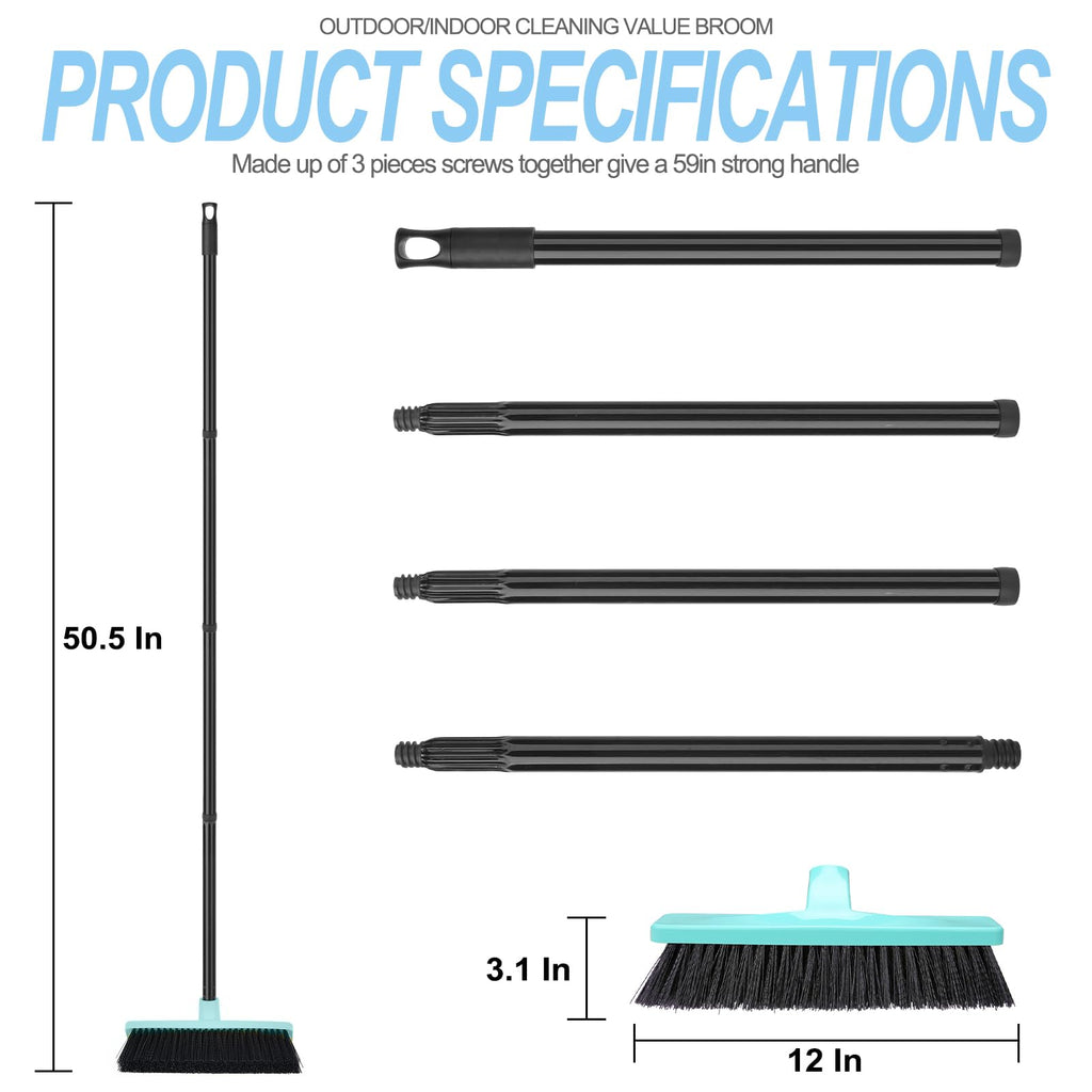 Push Broom Stiff Bristles Outdoor Broom with 51" Long Handle for Cleaning Scrubbing Deck Driveway Yard Patio Garage Concrete Wood Stone Tile Multi-Surface Floor