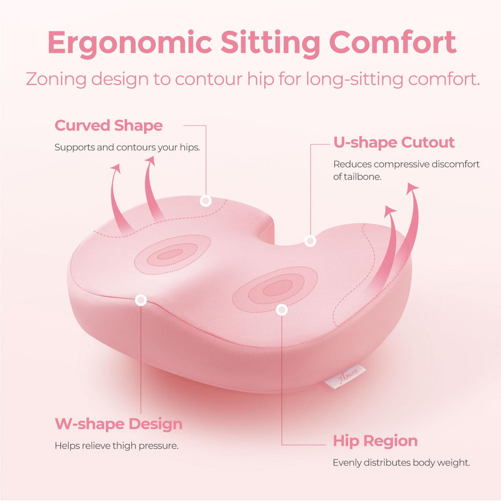 AMOOS Stylish Pink Seat Cushion, Ergonomic Wider Office Chair Cushion Enhances Posture with Lasting Support for Sciatica & Hip Pain Relief, Memory Foam Cushion for Office & Home Chair, Car Seat