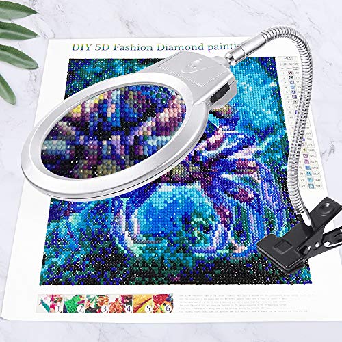 5D Diamond Painting Tools Magnifier LED Light with Clamp, Folding Design with 1 Glass Lens 4X & 6X Magnifier