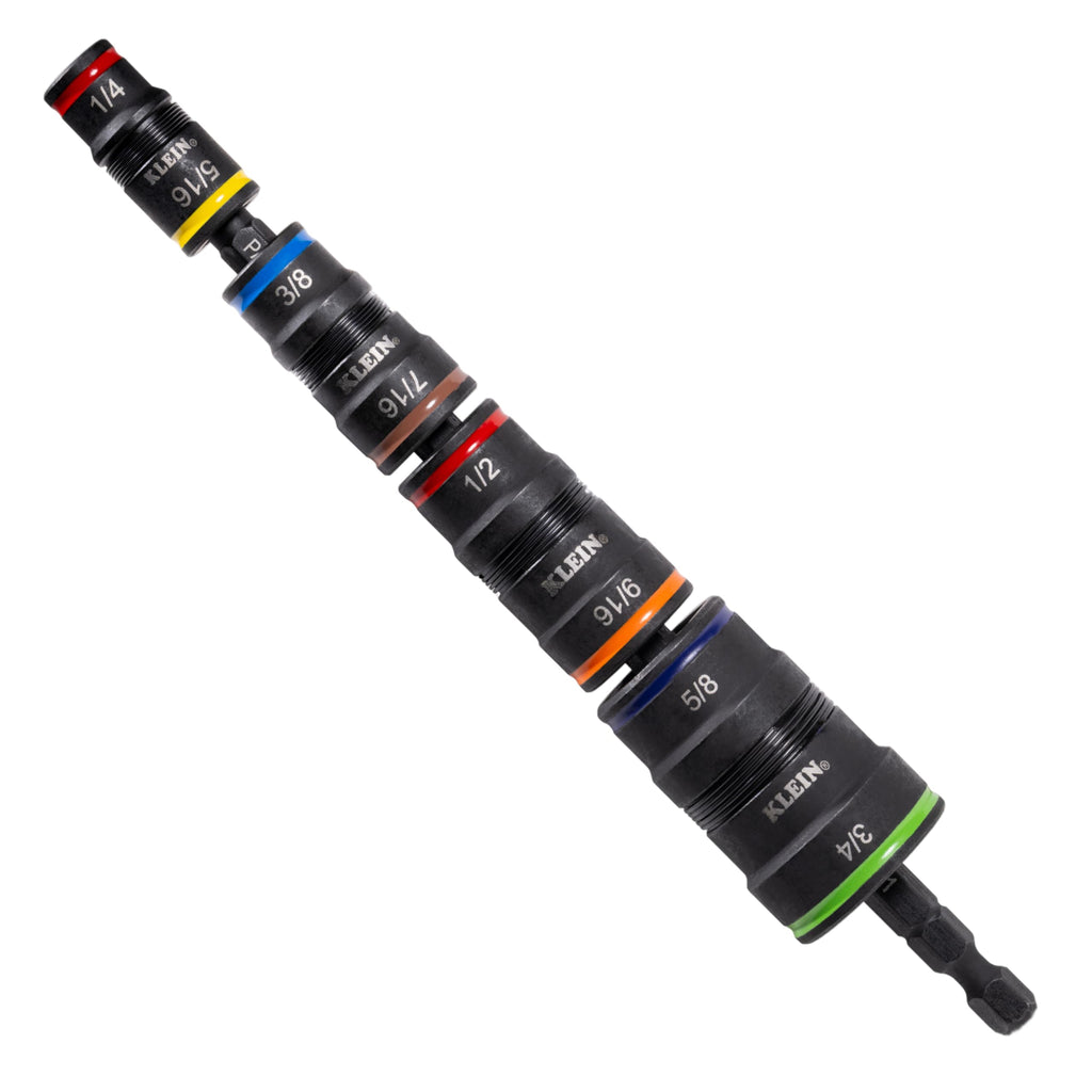 Klein Tools 32934 Impact Driver, 9-in-1 SAE Impact Socket Set, 4 Flip Sockets with 1/4, 5/16, 3/8, 7/16, 1/2, 9/16, 5/8, and 3/4-Inch Nut Driver Sizes with Bit Holder, 6-1/2-Inch Shaft