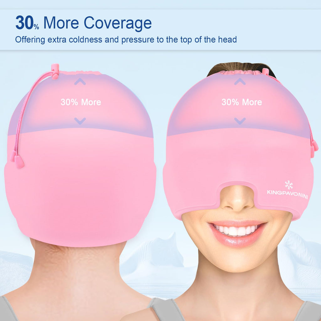 KingPavonini Ice Head Wrap, Adjustable Migraine Headache Relief Cap with Drawstring, Hot/Cold Migraine Hat for Tension Stress, Sinus, Puffy Eyes, Pink