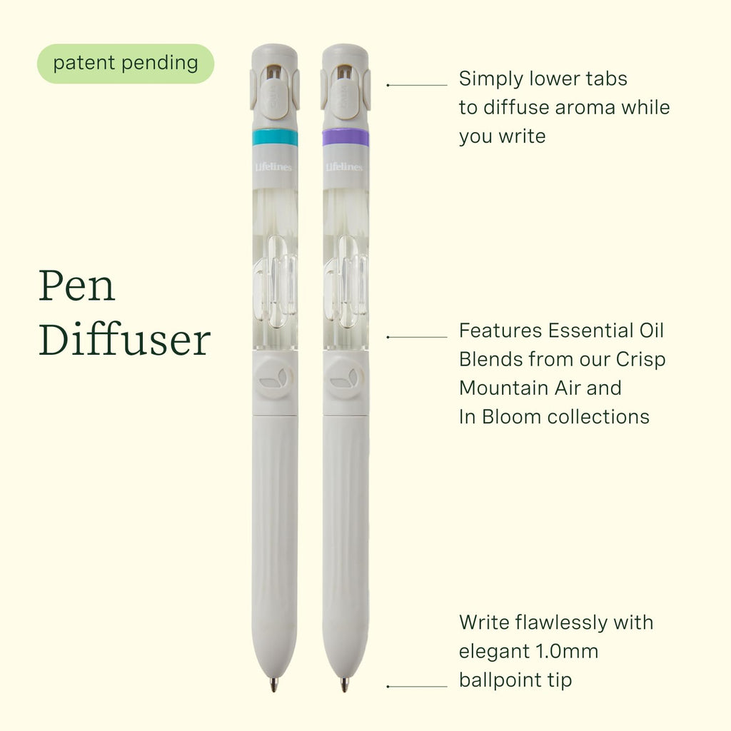Lifelines 2 Pack Pen Diffuser in in Bloom & Crisp Mountain Air Essential Oil Blends, Elegant 1.0mm Ballpoint Tip, Black Pen, Ink Refill Included