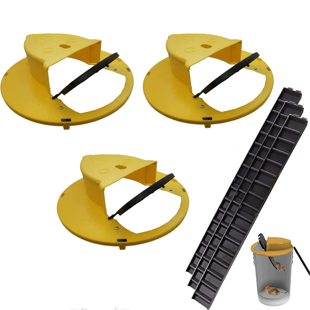 Mouse Rat Trap Bucket Turnover and Slide Barrel Bucket Lid Mouse Rat Trap for Indoor Outdoor Mouse Rat Traps Compatible 5 Gallon Bucket（Without Barrel） (Yellow Mouse Trap 3pc)