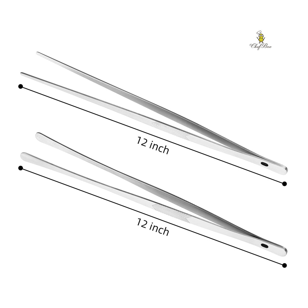 ChefBee Kitchen Cooking Tongs Tweezers - 2PCS 12" Stainless Steel Kitchen Utensils, Metal Fine Tweezers Tongs with Precision Serrated Tips for Chef, Serving Food, Grill, Culinary, Pasta, Salad, BBQ