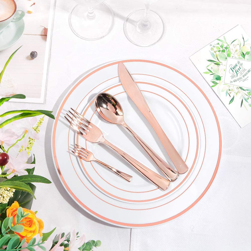 WDF 300 Pieces Rose Gold Plastic Silverware- Disposable Flatware Set - Heavy Duty Plastic Cutlery Includes 100 Forks, 100 Spoons, 100 Knives Perfect for Wedding, Party, Christmas