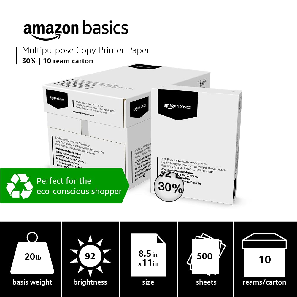 Amazon Basics Bright White 30% Recycled Multipurpose Copy Printer Paper, 8.5" x 11", 10 Reams, 5000 Count (Sheets)
