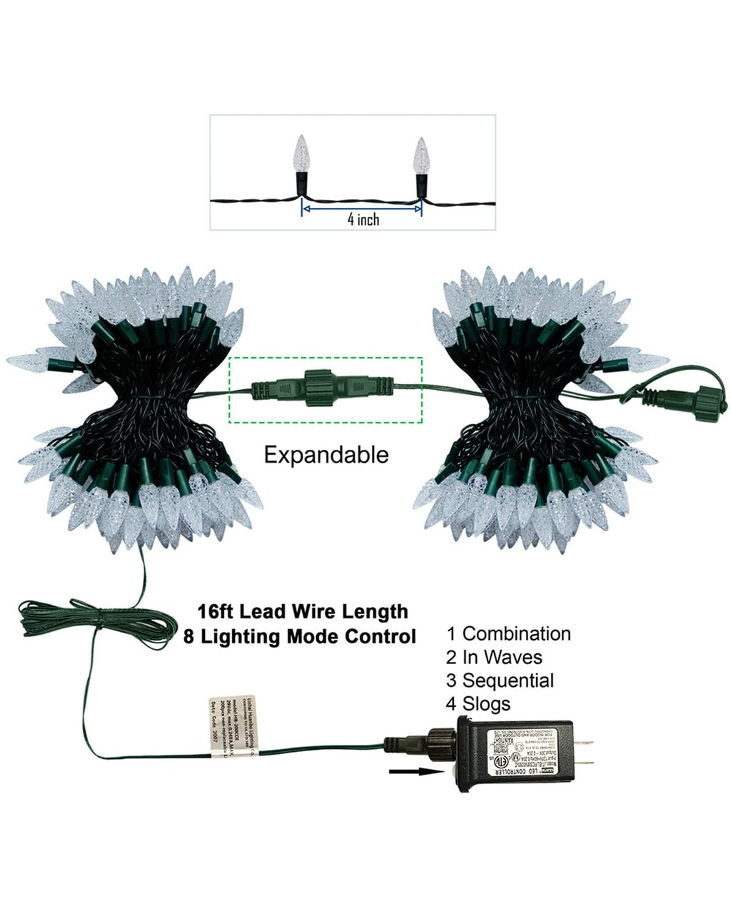 Twinkle Star C6 Christmas String Lights, 100 LED 33ft Fairy Lights with 29V Safe Adaptor, Indoor Outdoor 8 Lighting Modes for Patio Xmas Tree Wedding Party Decor, Cool White