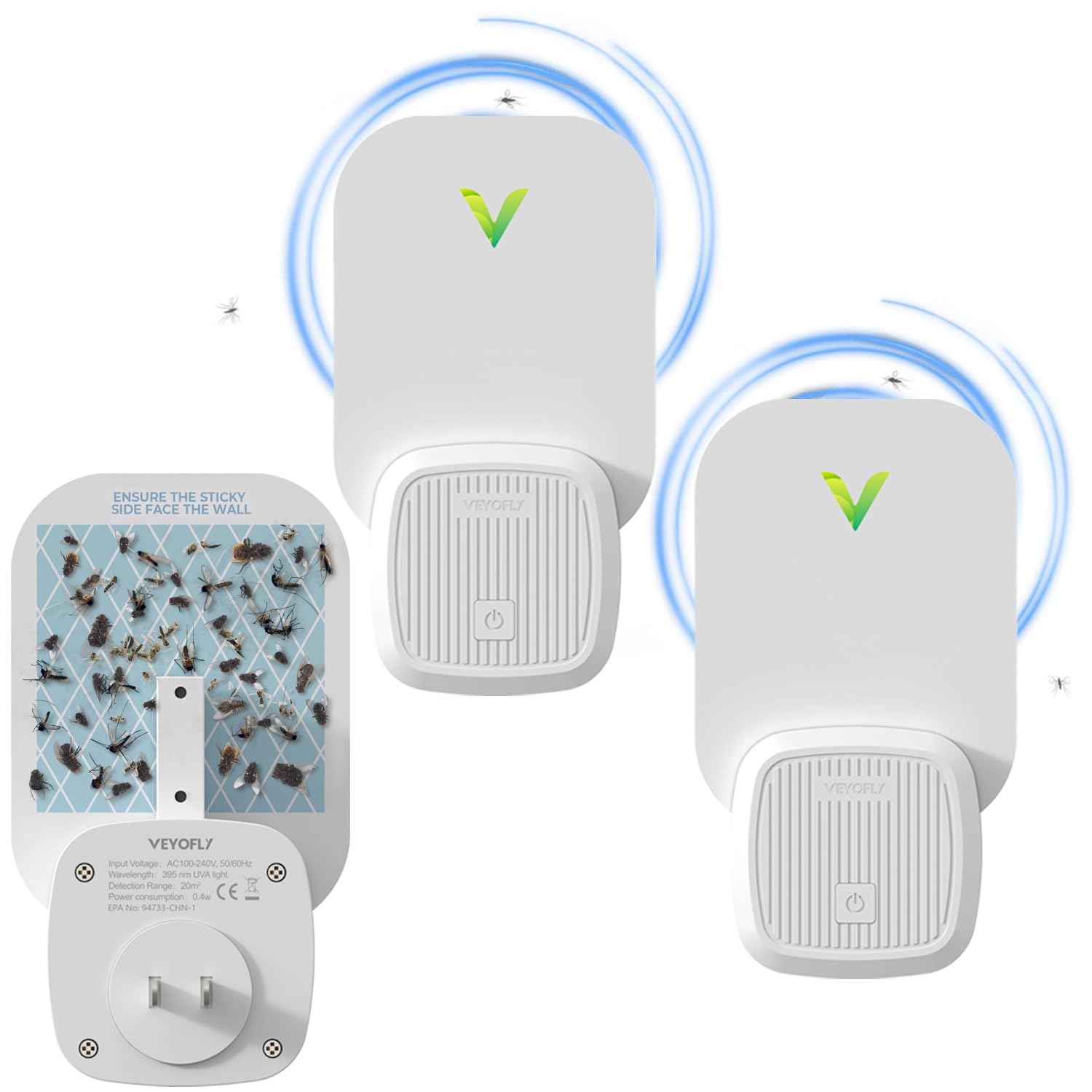 VEYOFLY, Flying Insect Trap, Insect Catcher, Indoor Fly Trap, Safer Home, Fruit Fly Traps for Gnat, Moth, Mosquito, Bug Light Plug in Insect Killer (2 Device + 6 Glue Cards)