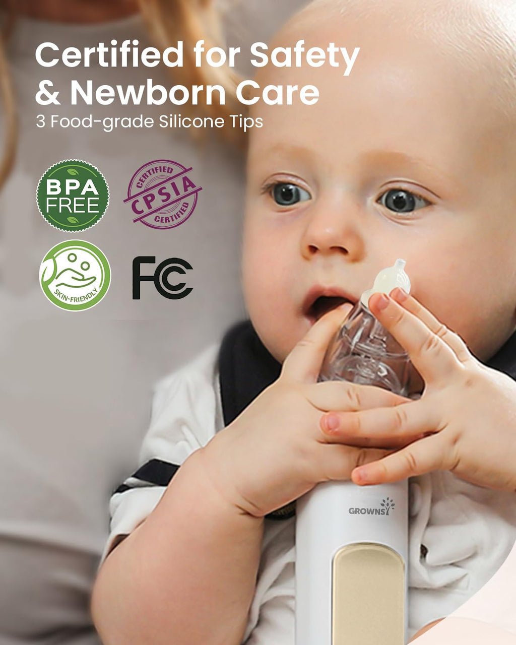 GROWNSY Nasal Aspirator for Baby, Electric Baby Nose Sucker, Automatic Nose Cleaner with Larger Suction Chamber and More Powerful Suction, Music and Light Soothing Function, Beige