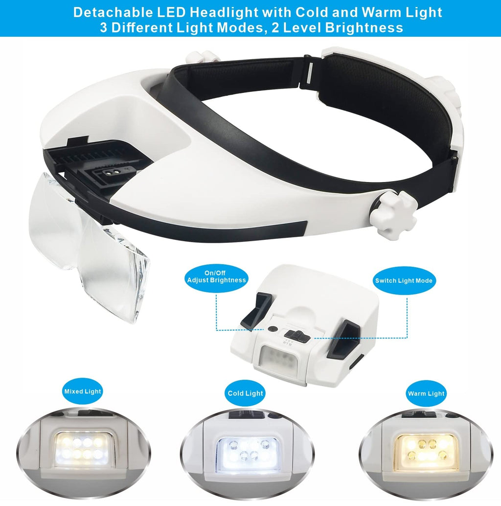 AmsOpto Large Lens Head Magnifier Headband Magnifying Glass with Light Hands Free 8 LED Magnifier with Cold and Warm Light for Close Work, Sewing, Crafts, Reading, Repairing, Jewelry