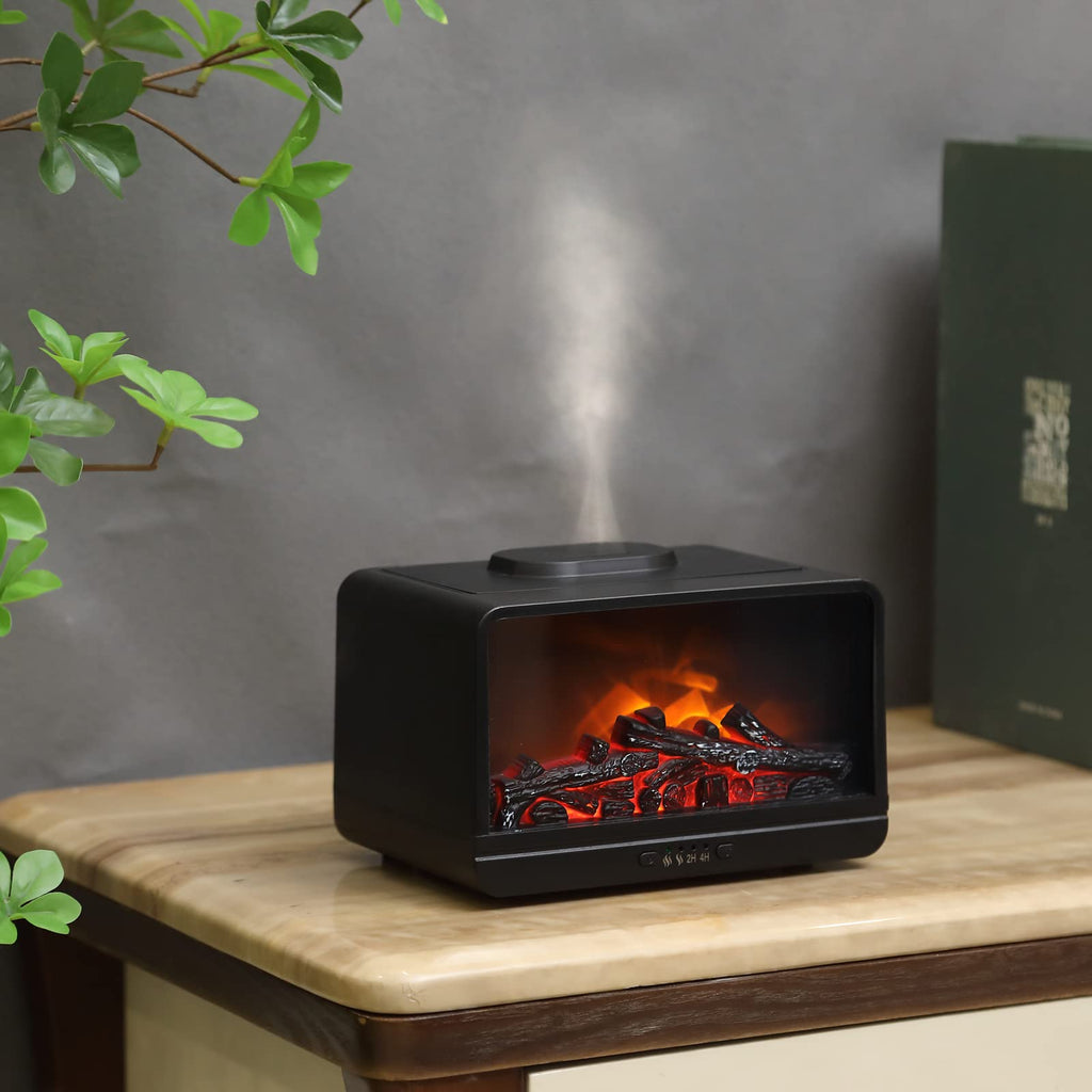 MAXWINER Dynamic Flame Fireplace Essential Oil Diffuser 300ml Aromatherapy Diffuser Ultrasonic Cool Mist Humidifier with Multiple Mist Mode, Timer and Waterless Auto Off for Home Room Office