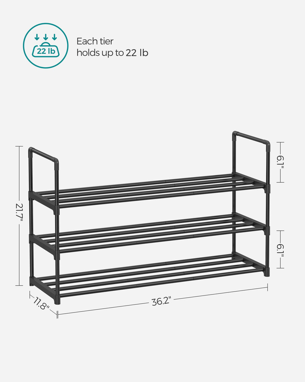 SONGMICS Shoe Rack, 3 Tier Shoe Organizer, Metal Shoe Storage Shelf for 15 Pairs of Shoes, Easy to Assemble, Entryway, Black ULSA303B02