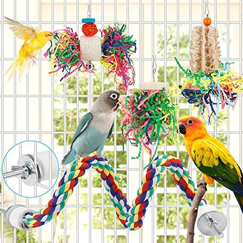 Bird Toys Bird Shredding Foraging Toys Parakeet Toy Chewing Hanging Toy Bird Shredded Paper Bird Cage Accessories Bird Rope Perch for Conure Cockatiel Budgies Lovebird Parrotlet (with Rope Perch)
