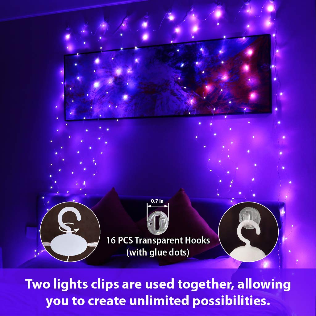HXWEIYE 300LED Purple Fairy Curtain Hanging Lights with Remote 8 Modes Timer for Bedroom, 9.8x9.8Ft USB Plug in Christmas Fairy String Lights for Outdoor, Weddings, Party, Garden, Wall, Decorations