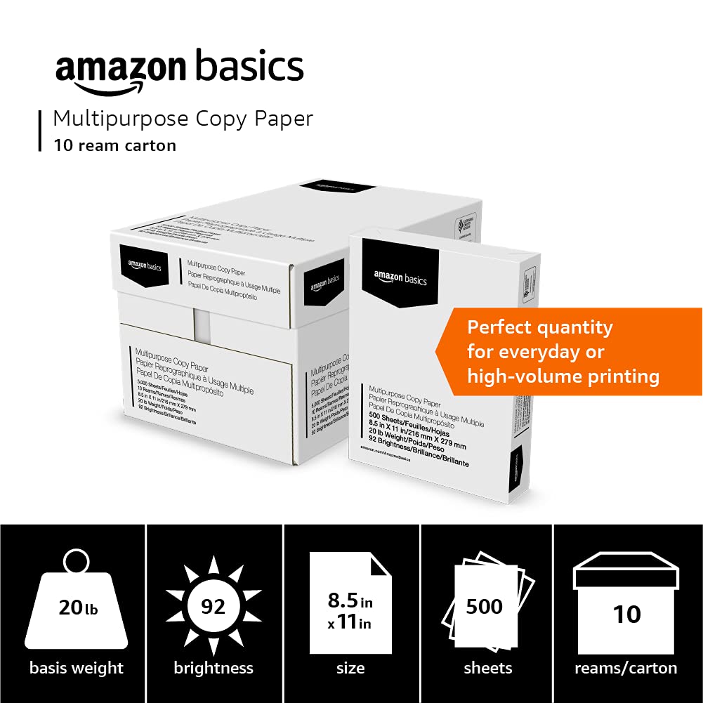 Amazon Basics Multipurpose Good Quality Copy Printer Paper, No Jam, 8.5" x 11", 20 lb, 10 Reams, 5000 Sheets, 92 Bright, White