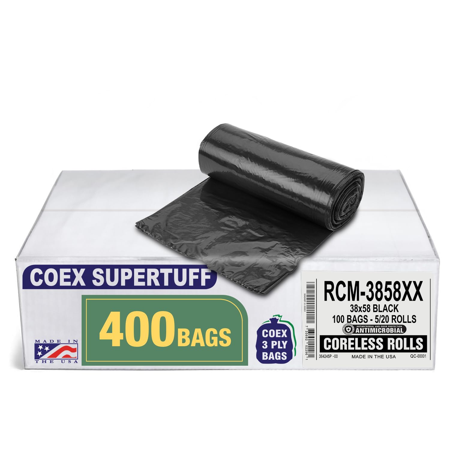 Aluf Plastics Coex Low Density Blend Star Seal Bag on Coreless Roll, 55-60 Gallon Capacity, 58" Length x 38" Width, 1.7 Mil (eq), Black (Pack of 400)