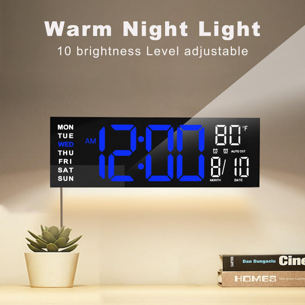 JALL 16" Large Digital Wall Clock Timer, Remote Controll, 2 Alarms, LED Display, 8 RGB Color, Auto DST, Temperature for Living Room, Bedroom, Desk, Mounted, Gift for Elderly (Blue White, 16 inches)