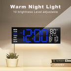 JALL 16" Large Digital Wall Clock Timer, Remote Controll, 2 Alarms, LED Display, 8 RGB Color, Auto DST, Temperature for Living Room, Bedroom, Desk, Mounted, Gift for Elderly (Blue White, 16 inches)