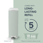 Diaper Genie Platinum Pail (Sage Green) is Made in Durable Stainless Steel and Includes 1 Easy Roll Refill with 18 Bags That can Last up to 5 Months.