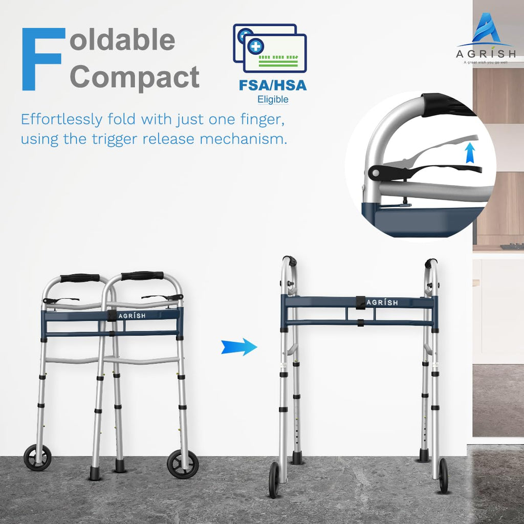 Agrish Narrow Walkers with Storage Bag - FSA/HSA Eligible Width Height Adjustable Walker, Lightweight Folding Walkers, Walkers for Seniors Handicapped & Disabled, Up to 350 lbs