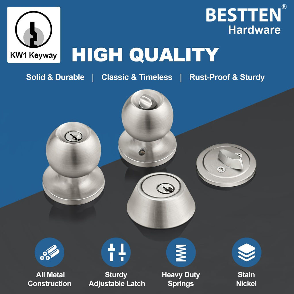 BESTTEN Keyed Same Exterior Door Knob and Single Cylinder Deadbolt Combo Set, Keyed Alike Entry Door Knobs with Lock and Keys for Entrance and Front Door, Satin Nickel