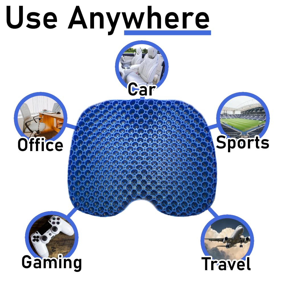 ComforTec Large Blue Gel Seat Cushion - Honeycomb Cooling Seat Cushion Back Support, Pressure Relief & Long Sitting - Non-Slip Cushion Traveling, Wheelchair, Car Seat, Office & Gaming Chair