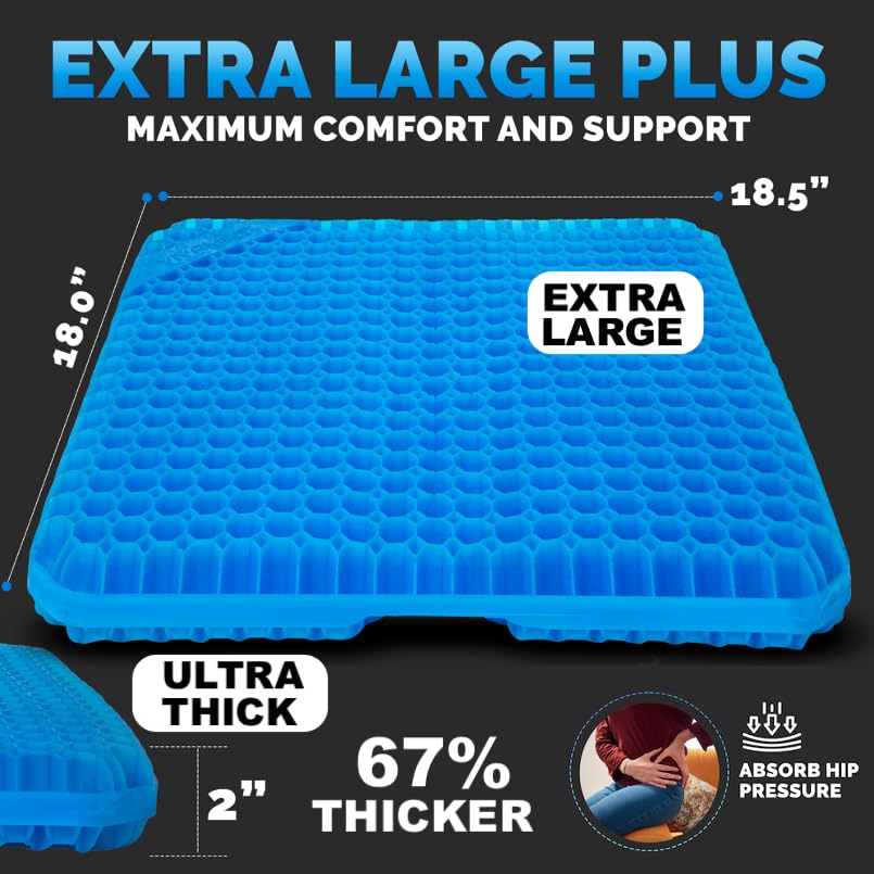 Gel Seat Cushions for Long Sitting- Extra Large & Ultra Thick(2" Inch)- Office Chair Cushion for Pressure Relief, Sciatica, Hip & Back Pain- Car Seat, Wheelchair, Truck Driver Seat - Non-Slip Ties