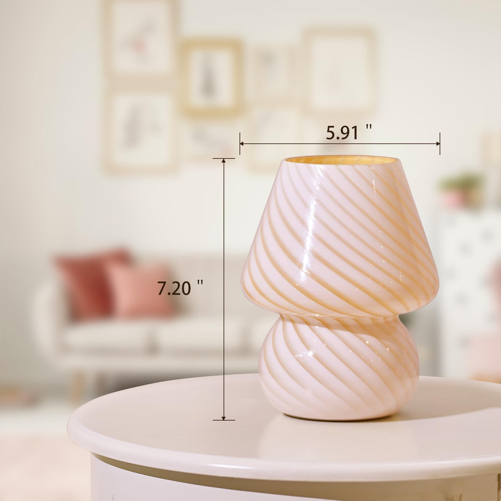 ONEWISH Mushroom Lamp-Small Bedside Table Lamp with Striped Glass, Nightstand Night Light for Bedroom Living Room, 3000K 6.5W Bulb Included, for Christmas Day, Creamy Yellow