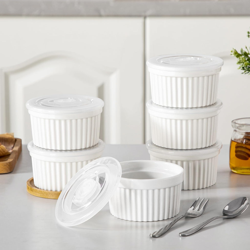 vancasso 8 oz Ramekins with Lid, Porcelain Creme Brulee Souffle Dishes, White Pudding Custard Cups Ramiken for Baking, Dishwasher and Oven Safe, Set of 6
