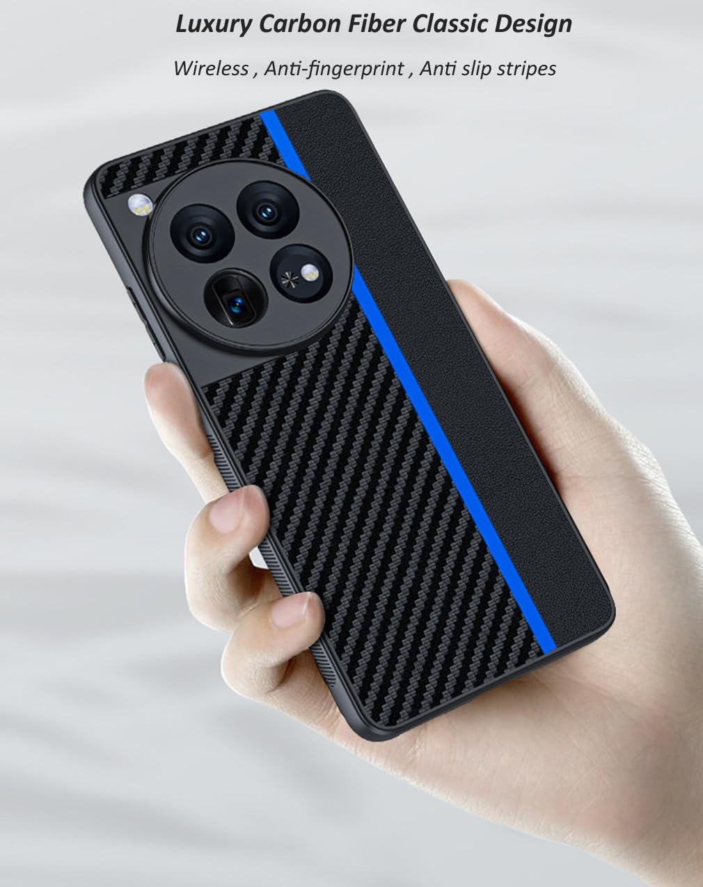 Ftonglogy for OnePlus 12 5G Case: Slim Thin Carbon Fiber Classic Design Soft Hybrid Bumper Lightweight Anti Fingerprint Shockproof Protective Cell Phone Cover 1 + 12 (Blue)