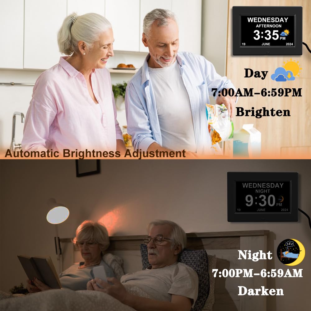 AINFTIME Digital Clock with Date and Day of Week for Elderly-12 Alarms Medication Reminder Dementia Alzheimers Clock Calendar with Extra Large Display (7 inch Black)