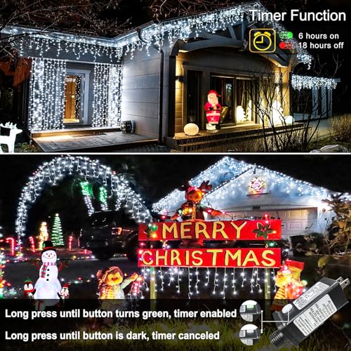 White Christmas Lights Outdoor - 33ft 400 LED Icicle Lights for Outside House, Twinkle Tree Lights Plug in 8 Modes Timer Waterproof for Patio Window Holiday Wedding Party Pathway Indoor Decorations