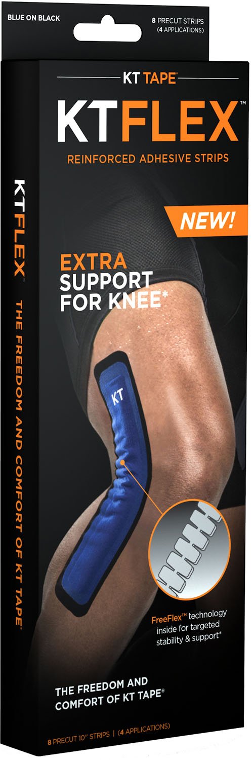 KT Tape KT Flex Reinforced Adhesive Strips for Knees, 8 Pack, 10" Precut Strips, Blue
