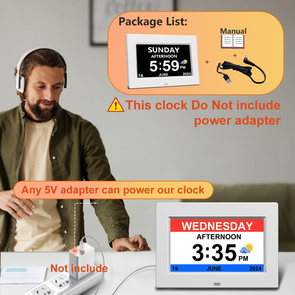AINFTIME Digital Clock with Date and Day of Week for Elderly-12 Alarms Medication Reminder Dementia Alzheimers Clock Calendar with Extra Large Display (7 inch White)