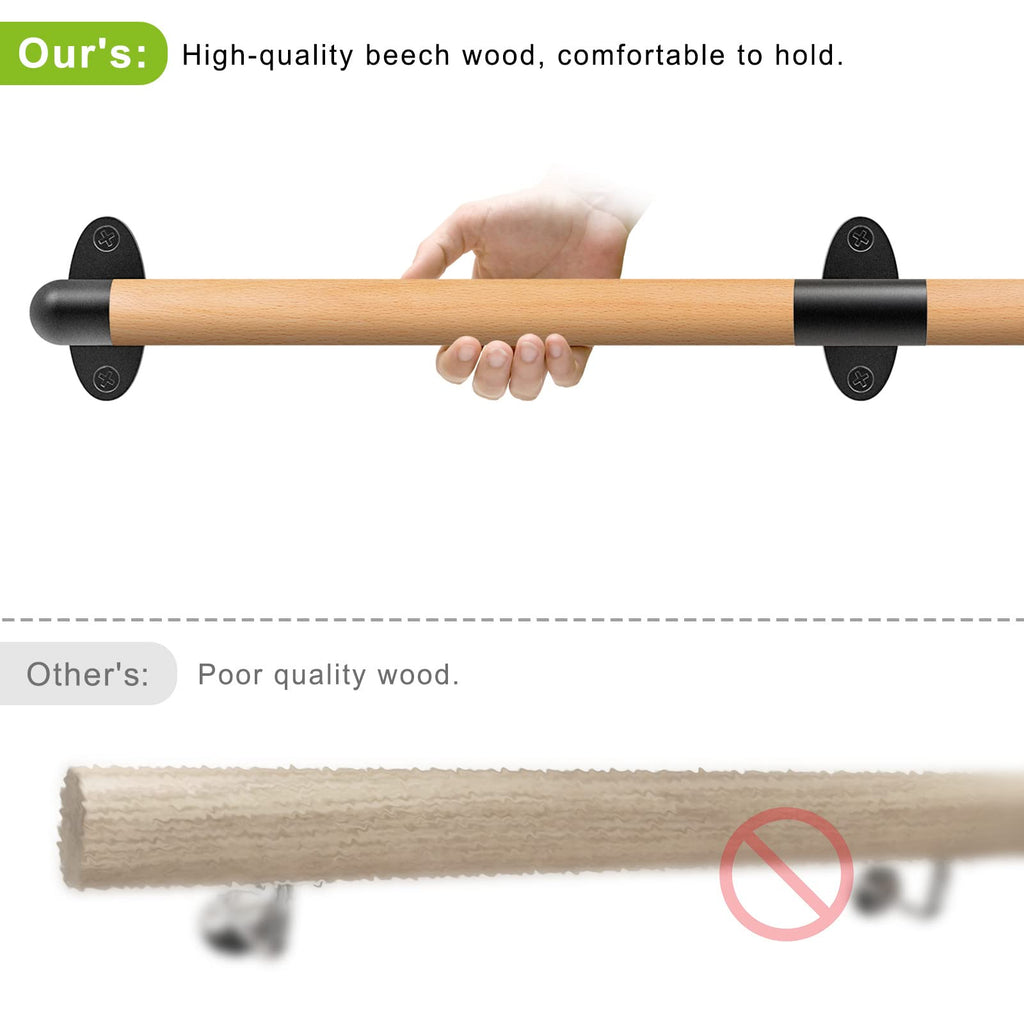 SELEWARE 52 Inch Wood Handrail Indoor Stairs Handrail Wall Mount Handrail w/Sturdy Metal Barckets, Barrier-Free Staircase Grab Bar for Elderly, 1.3 Inch Round