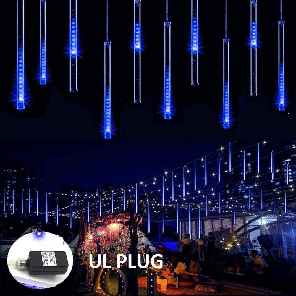 Weepong Meteor Shower Lights Outdoor Christmas Lights UL Certified Falling Rain Drop Lights Snowfall Icicle Cascading String Lights for Xmas Holiday Tree Garden Decor Blue, 12Inch 8Tubes