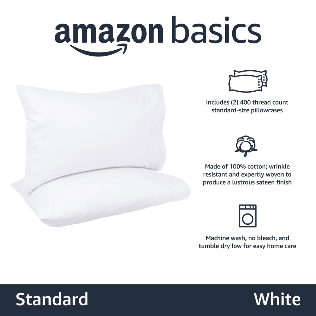 Amazon Basics 400 Thread Count Cotton Pillow Case, Standard, 30" L x 20" W, White - Set of 2, Pillows Not Included