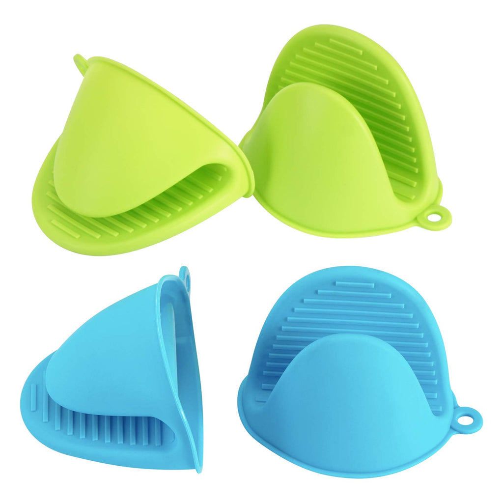 Vaincre 4PCS Silicone Oven Mitts Heat Resistant, Silicone Potholders for Kitchen, Mini Rubber Oven Glove Kitchen Mittens, Cute Cooking Mitts (Blue and Green)