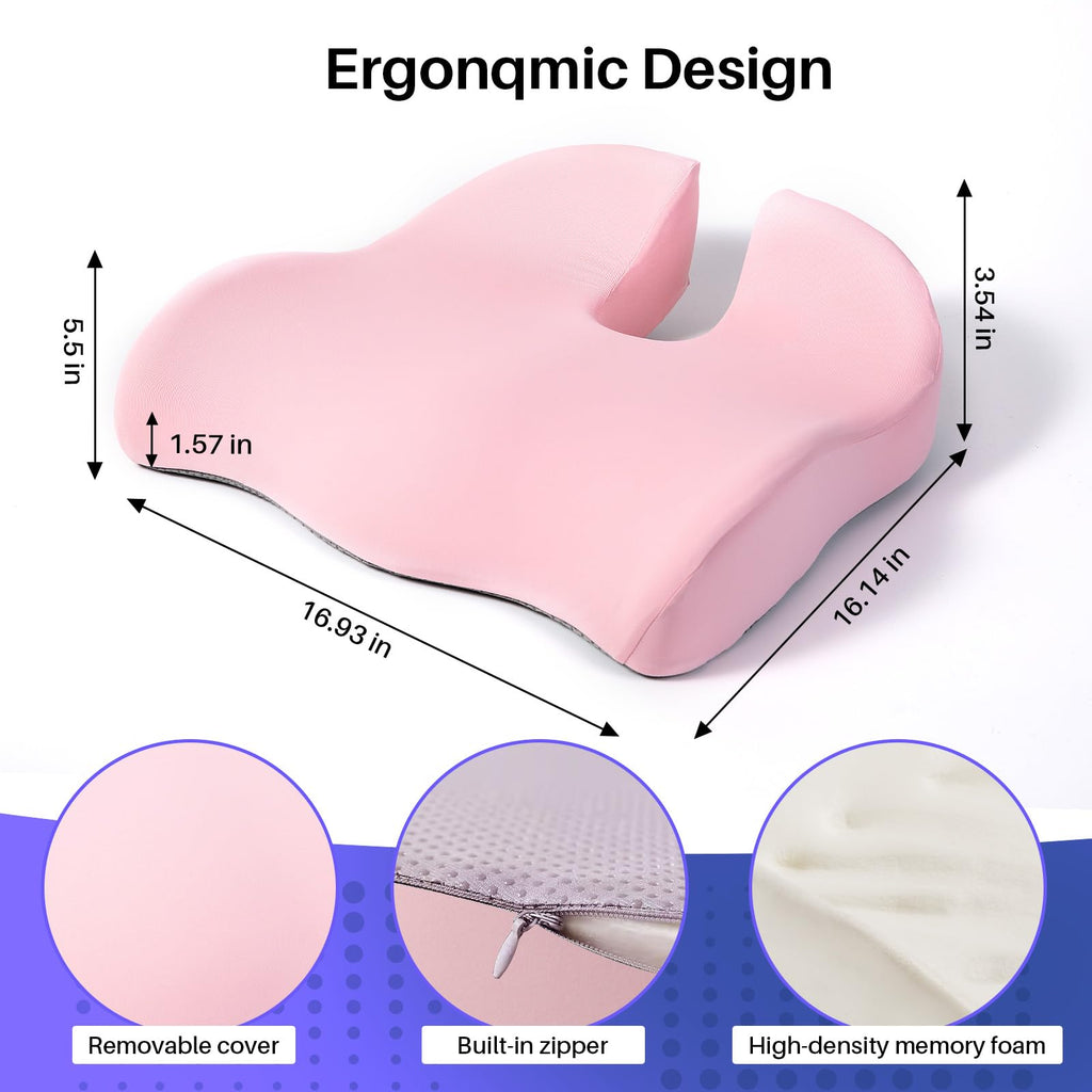Seat Cushion for Office Chair, Large Thick Seat Cushion for Tailbone Pain Relief, Sciatica & Back Support, Memory Foam Office Chair Cushion for Long Sitting, Coccyx Cushion for Car, Wheelchair (Pink)