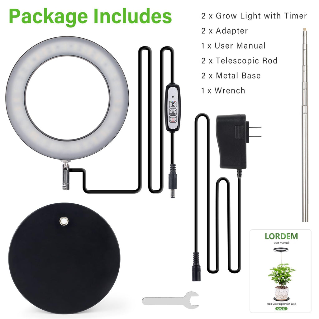 LORDEM Grow Light, LED Plant Light for Indoor Plants Growing, Full Spectrum Desk Growth Lamp with Automatic Timer for 4H/8H/12H, 4 Dimmable Levels, Height Adjustable 9.8"-30.6", 2 Packs of Black